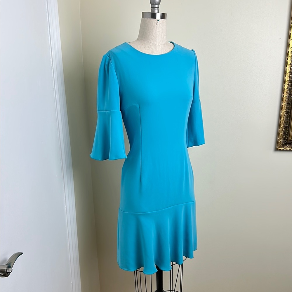 Blue Ruffled Sheath Dress with 3/4 Bell Sleeves
